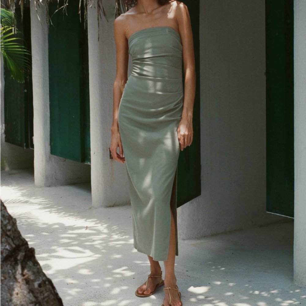 ZARA DRAPED MIDI DRESS LIGHT KHAKI | 2298/155